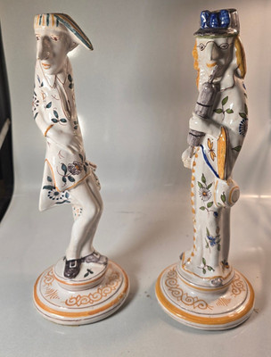 French Faience Candlesticks Doctor Patient Pair 12'' Desvres Style Moliere