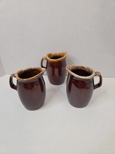 VTG Hull Coffee Creamer Mug Brown Drip Glaze Oven Proof Made In USA Set of 3 MCM