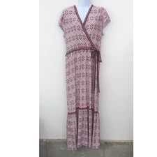 Max Studio Faux Wrap Midi Dress Size XL Boho Non Wrinkle Print Short Sleeve NWT