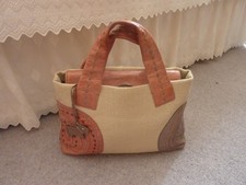 Radley Pink & Mocha Leather and Beige Canvas Medium Grab Bag
