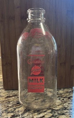 Vintage Carnation Milk Bottle Half Gallon Clear Glass Red Print Original Dairy