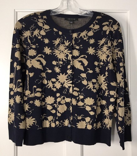 Ann Taylor Damen Cardigan marineblau schimmernd Blumenmuster 3/4-Ärmel Ann Cardigan $ 80 neu mit Etikett (U101) - Bild 6 von 7