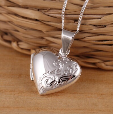 925 Sterling Silber Blume Herz Foto Medaillon Anhänger Halskette Kette Geschenk Box