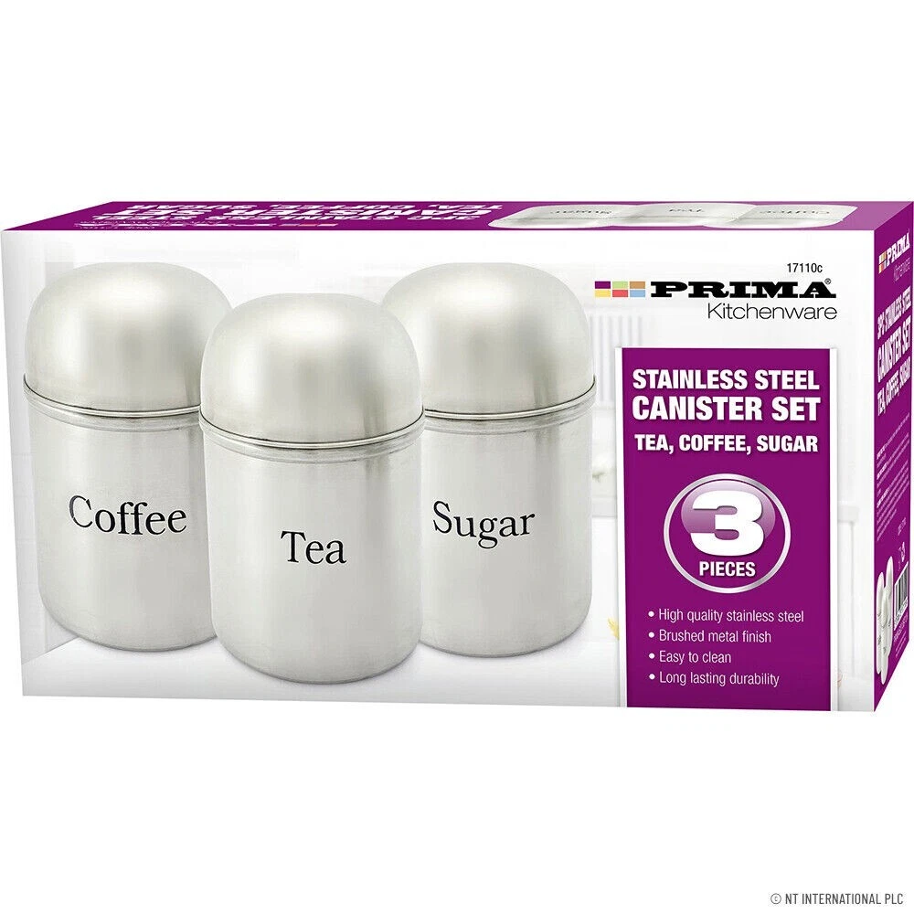 3PC CANISTERS COFFEE SUGAR TEA STAINLESS STEEL STORAGE JARS POT KITCHEN SET NEW
