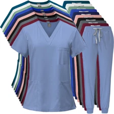 Unisex Stretch Scrub Set Women Medical Nurse Uniform V-Neck Top Jogger Pants