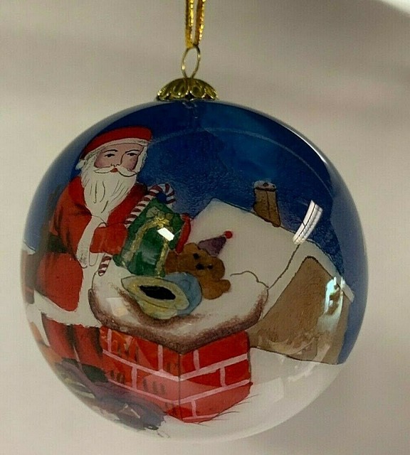 Pier 1 'LI BIEN' Christmas Ornament Round Santa on rooftop delivering