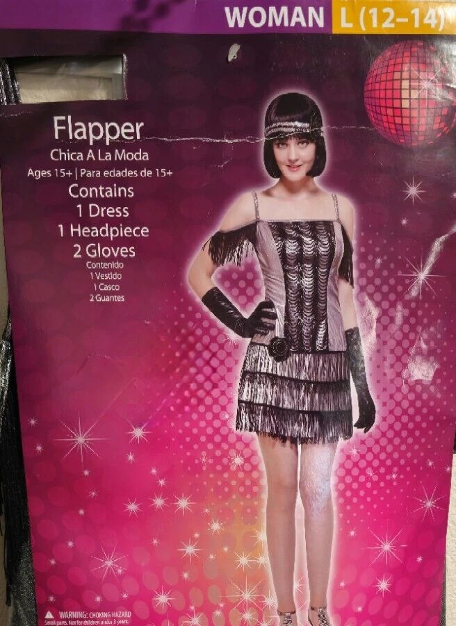 DISFRAZ TALLA 12-14 FLAPPER RUGIENTE AÑOS 20~ PLATA NEGRO con GUANTES/COLLAR/CABEZA Foto 3 de 4