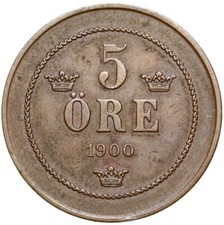 Schweden - K&ouml;nig Oskar II. - M&uuml;nze - 5 &Ouml;re Oere 1900 - ERHALTUNG !