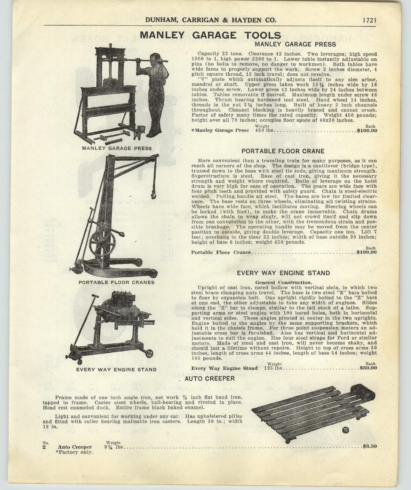 1917 PAPER AD Manley Car Auto Automobile Garage Floor Crane Creeper | eBay