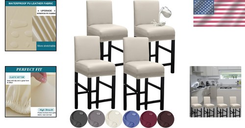 Machine Washable Elastic Bar Stool Covers - 4-Pack Waterproof Slipcovers, Beige - Picture 2 of 8