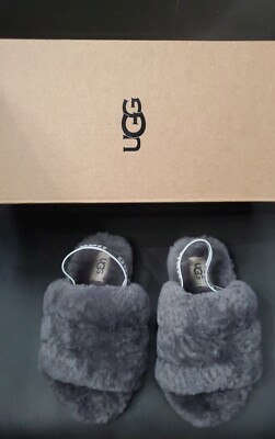 UGG GIRL TODDLER KIDS YOUTH FLUFF YEAH SLIDES SHOES SLIPPER GRAY CHARCOAL NIB