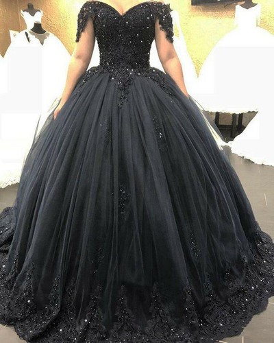 Puffy Black Ball Gown Gothic Wedding Dresses Off the Shoulder Beaded Lace  Custom | eBay