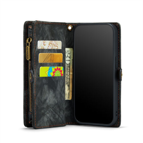 Black iPhone X / XS Multi-functional Wallet Zipper Purse Magnetic Case - Picture 2 of 8