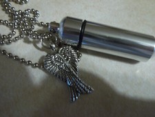 Silver Keyring Urn Vial Necklace for Ashes w/Angel Wings Charm  30" chain