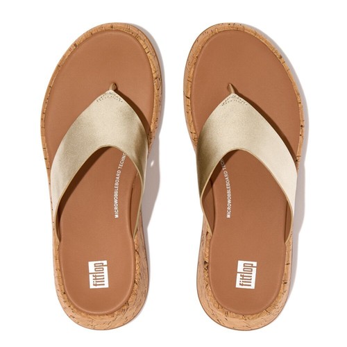 FitFlop F-Mode FT7-675 Slide Sandal Women Platino Leather Cork Flatform Toe-Post - Picture 34 of 35
