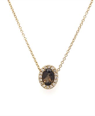 14K Oval 7x5mm Rauchquarz Edelstein Halo Gelb Gehämmert Gold Diamant Halskette