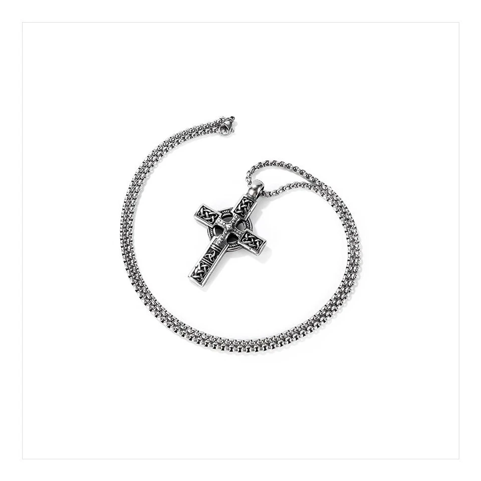 Mens Irish Celtic Trinity Knot Cross Pendant Necklace Stainless Steel Set - Image 2 of 4