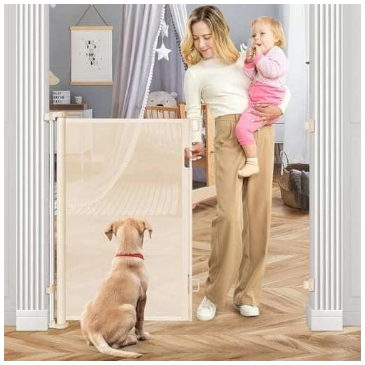 Extra Tall Retractable Safety Gate 42" H 56" W Baby Dog Indoor Outdoor Beige