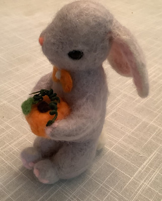 Needle Felted Gray Bunny Orange Bow Tie
