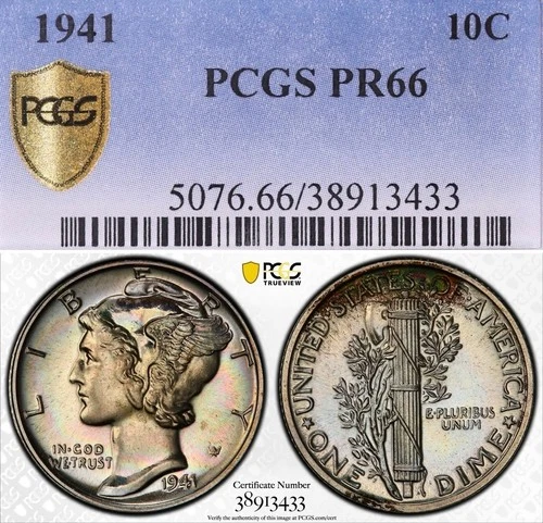 PR66 1941 10C Mercury Silver Proof Dime, PCGS Trueview- Nicely Toned