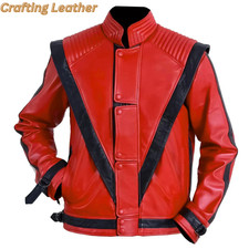 Michael Jackson Thriller MJ Red Real Leather Jacket Halloween Costume Cosplay 