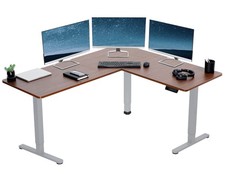 VIVO Dark Walnut / Gray Electric 63" x 55" Corner Desk, L-Shaped Workstation