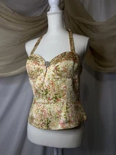 Silk Cache Corset Bustier Sleeveless Top Sz 6 Brooch Floral 90 Satin Fairy VTG