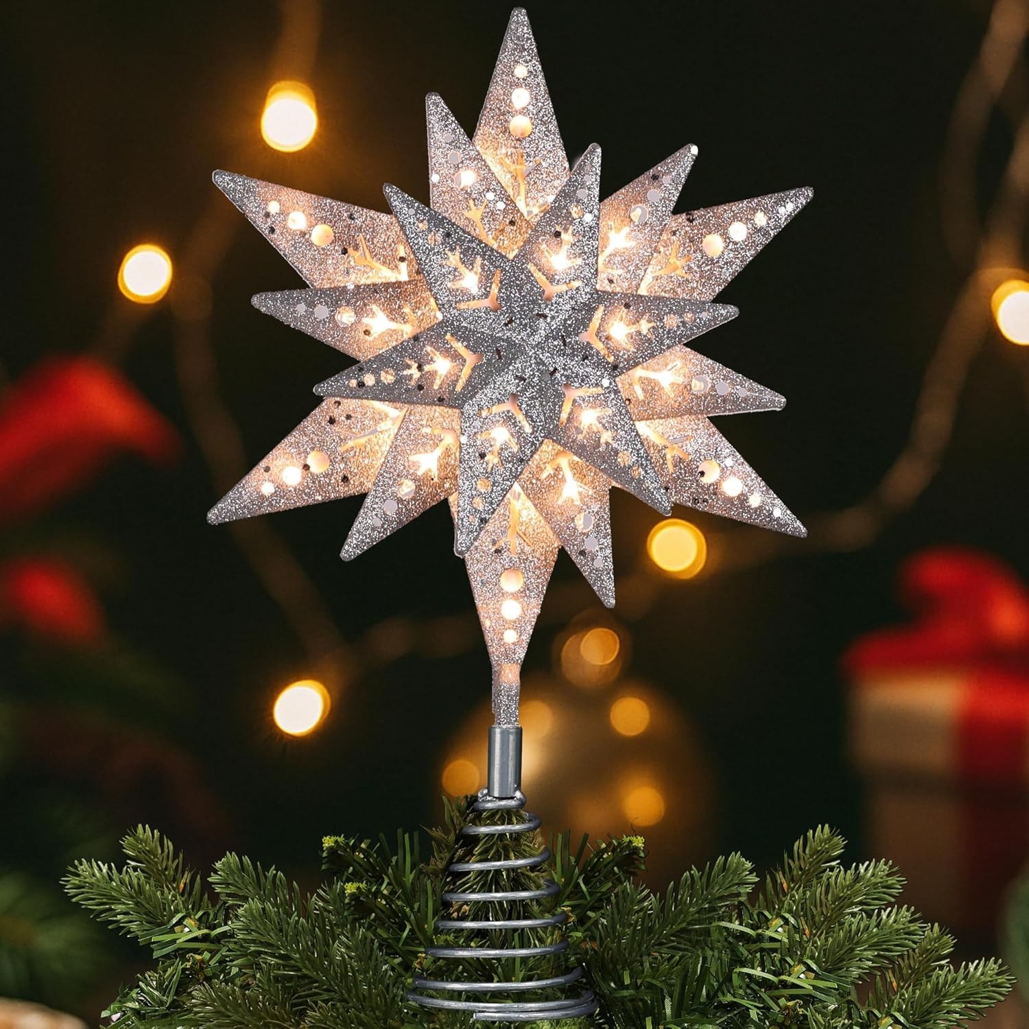 Silver Glittered Snowflake Tree Topper, 8 in 3D Christmas Tree Star Topper with