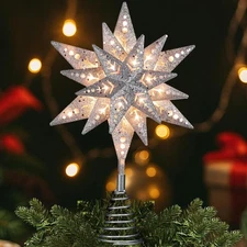 Silver Glittered Snowflake Tree Topper, 8 in 3D Christmas Tree Star Topper with