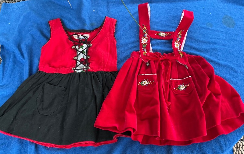 2 German  Traditional Dirndl Dress & Velvet Lederhosen Size 4 No Blouse VTG EUC