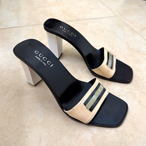 Gucci Leather Square Toe Logo Slip-On Mule Sandals Black/Beige Women 6.5