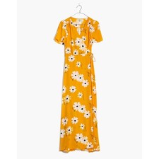 NWT Madewell Womens Size XS Gold Puff-Sleeve Wrap Midi Dress in Ikat Floral NEW