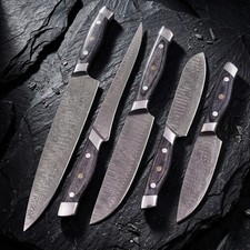 SHARD 5Pc Damascus Steel Camp Chef Knife Set Full Tang Wood Handle Leather Roll