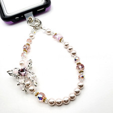 Glass Pearl Crystal Beaded Phone Chain   Silver Plated and Crystal Butterfly