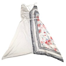 Floral Scarf Print Asymmetrical Midi Dress Cream Ribbed Tie Halter Small Boho
