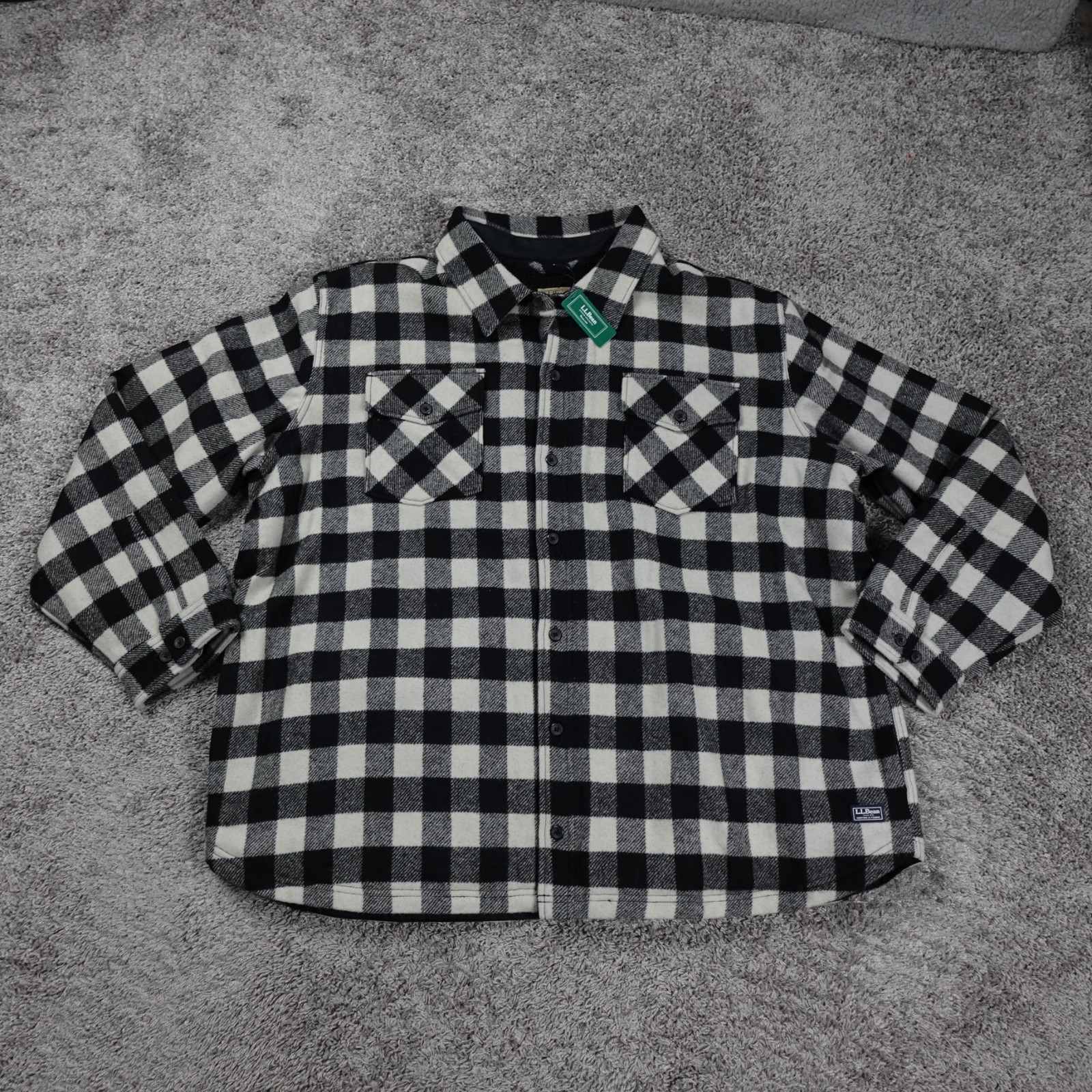 LL Bean Maine Guide Shirt Mens 3XL Sherpa Lined Black Plaid Wool Shacket