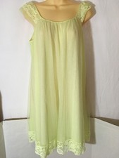 M Vtg CHIFFON NYLON Babydoll NIGHTGOWN Lace Shift Dress Light Lime Green Sears