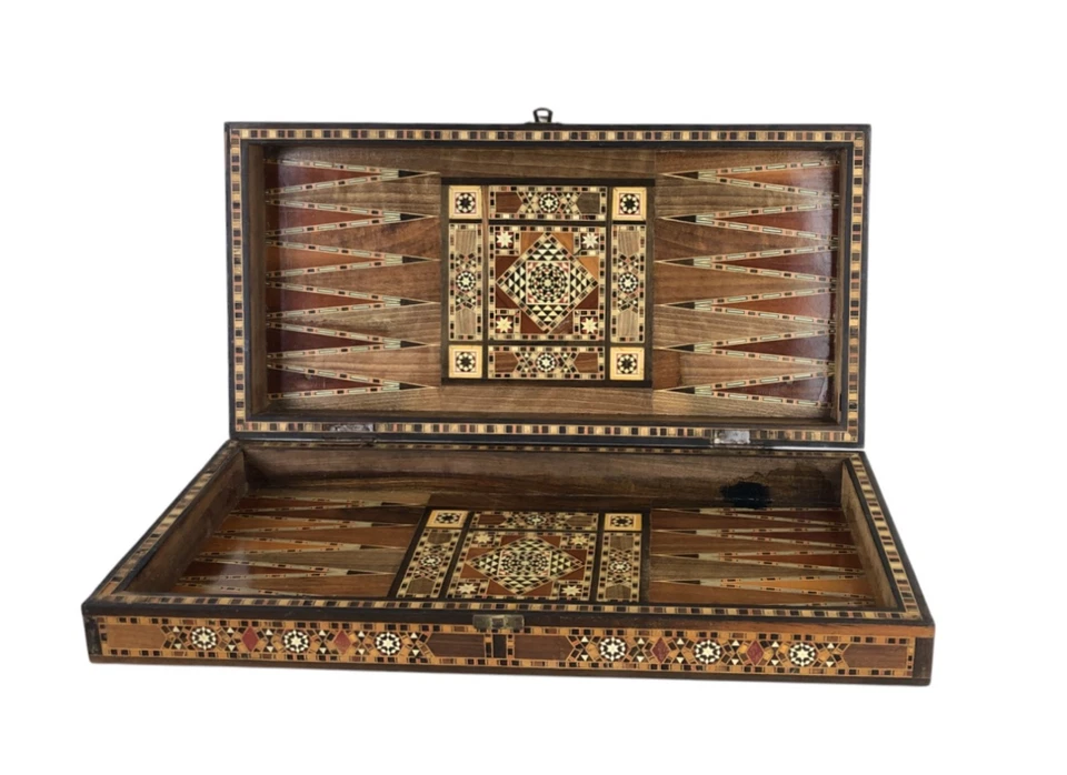 Vintage Mosaic Wood Inlaid Marquetry Backgammon Box ~20 x 10" - Image 3 of 4