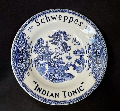 Schweppes " Indian Tonic " Ceramic Plate Blue White Luneville France 4.5" Round