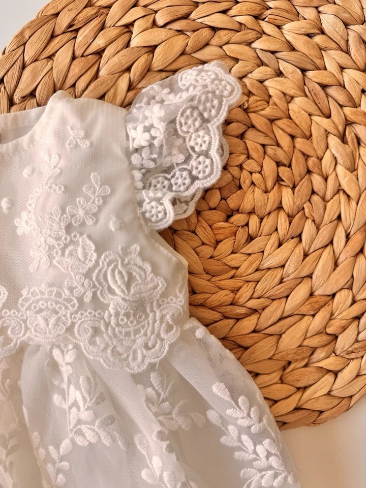 Vestido de bautizo, hecho a mano de algodón blanco roto vestido de bautizo para fiesta de bebé niña Foto 3 de 4