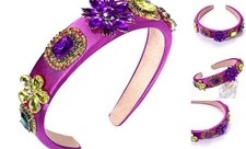 Mardi Gras Headband Multi Stone Flower Velvet Padded Headband Square Flower