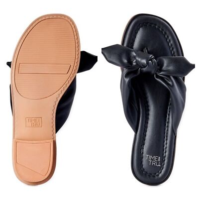 Black Sandal Flat Slides Size 8 Faux Leather Bow Thong Memory Foam Cushion