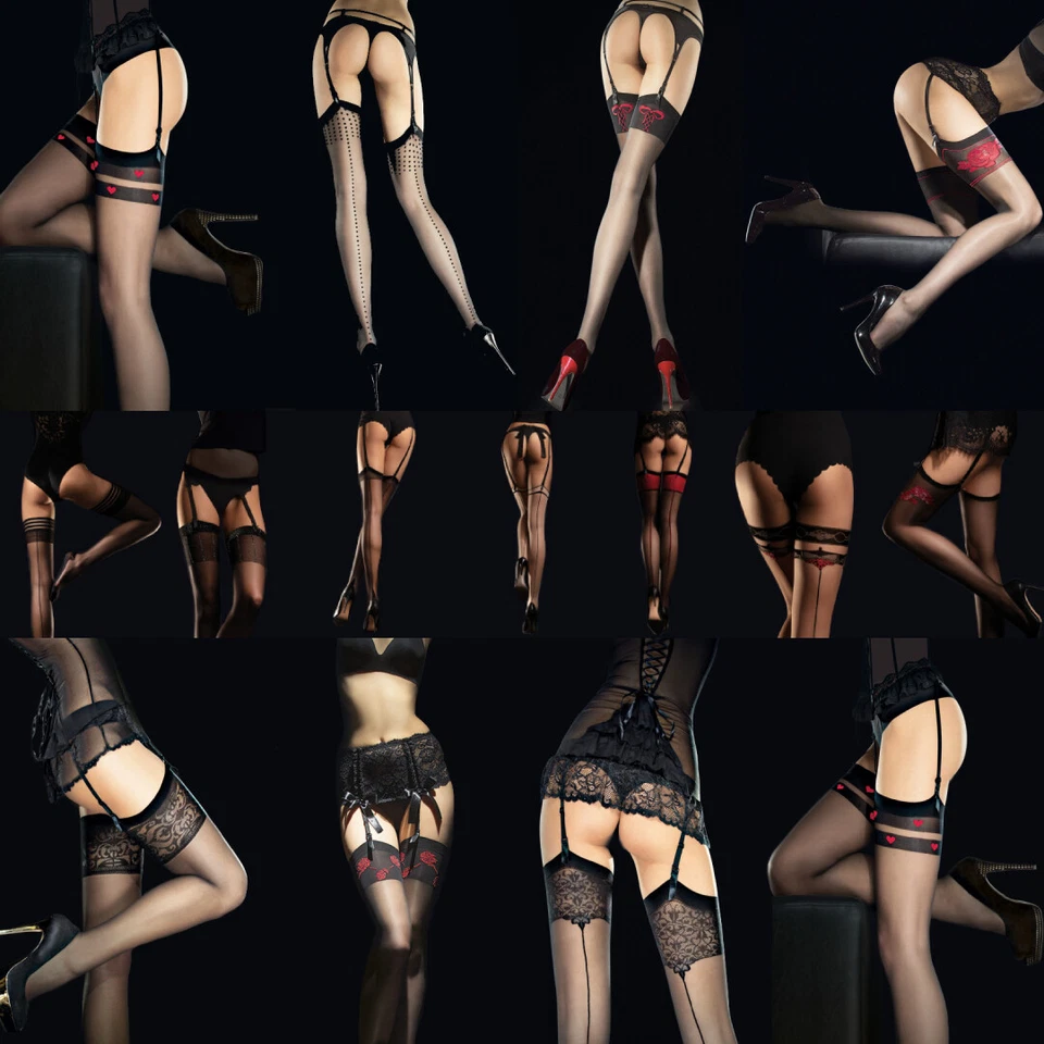 Halterlose Strümpfe Strapse Strapsstrümpfe Schwarz Rot Fiore / 22 Muster Damen