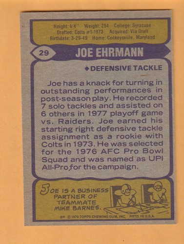 Joe Ehrmann Baltimore Colts 1979 Topps #29 Syracuse Orange 4A - Picture 2 of 2
