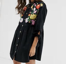 ASOS black cotton floral embroidered long sleeve mini dress sz 6