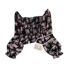 Women Chiffon Off-shoulder Shirt Floral Printed Tops Pleat Frill Ruffle Blouse