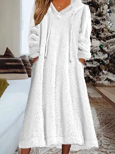 Womens Hooded Long Teddy Bear Fleece Fur Pockets Hoodies Jumpers Dress PLUS SIZE - Picture 5 of 24