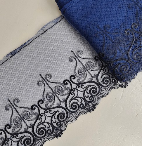 5 Yards 7" Wide Navy Tulle Mesh Lace with Embroidered Black Flower xh220 - Picture 3 of 4