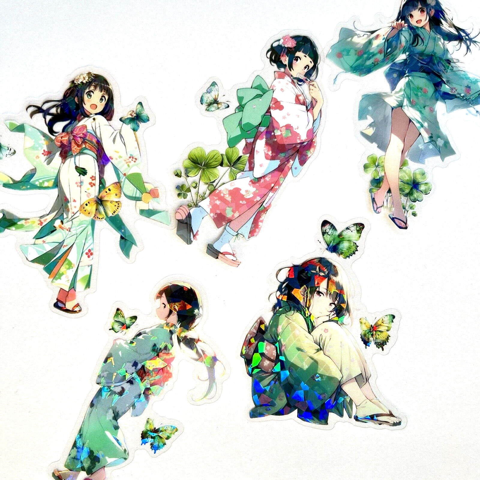 Geisha Girl Stickers Green Holographic Anime Junk Journal Collage