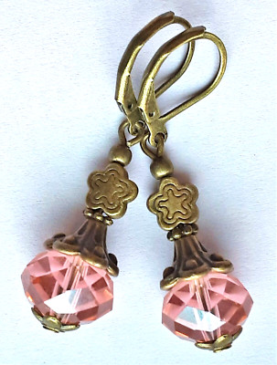 PEACH faceted Crystal roundel earring BRONZE LEVERBACK handcrafted